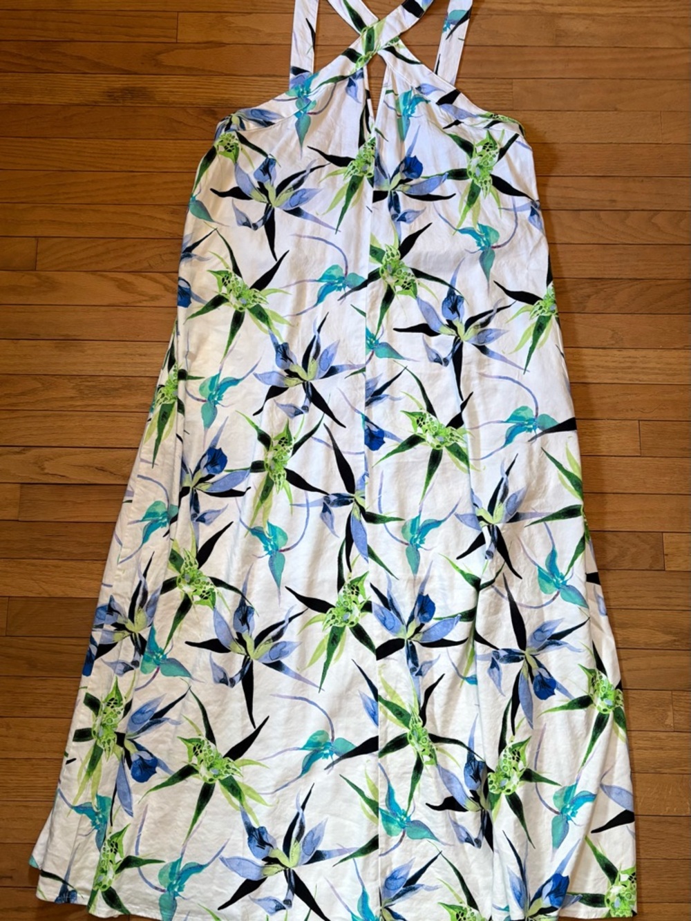 White Halter Floral Maxi Dress with Blue & Green Print